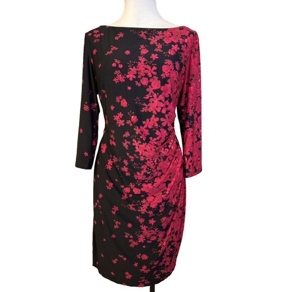 Chaps Ralph Lauren Dress XL Black Red Floral 3/4 Long Sleeve Washable - Picture 1 of 12